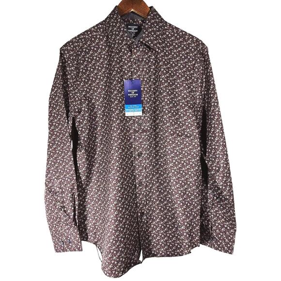 NWT Society of Threads No Iron Stretch Brown Floral Shirt M - Picture 1 of 5